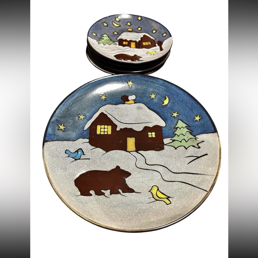 Boyd’s Bears Home Winter Snow Cabin Dinnerwear Set Of 8 Dinner And Salad Plates